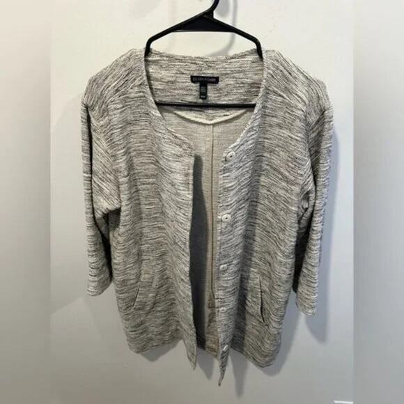 Eileen Fisher Cotton Twist Jacket Women’s M Gray White 3/4 Sleeve Pockets - Picture 1 of 9